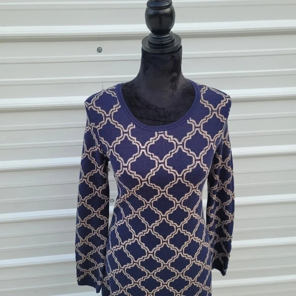 Hatley Women's Navy Blue Tan Long Sleeve Knit Sweater Dress M - Picture 6 of 9